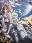  1girl blue_eyes bow breasts brown_hair cglange cleavage copyright_name flower hair_bow hair_flower hair_ornament hair_ribbon hairpiece highres legend_of_the_cryptids moon pale_skin ribbon solo thigh-highs watermark white_clothes 