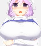  1girl blush breast_rest breasts grey_background hat huge_breasts lavender_eyes lavender_hair letty_whiterock long_sleeves mob_cap open_mouth shiro_uroncha shirt short_hair simple_background solo sweat touhou turtleneck upper_body vest_lift 
