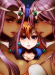  3girls alena_(dq4) blue_eyes breast_press breasts circlet commentary_request dark_skin dragon_quest dragon_quest_iv hat jewelry kida_sukizou large_breasts long_hair looking_at_viewer manya minea multiple_girls necklace orange_hair purple_hair siblings sisters symmetrical_docking twins violet_eyes 