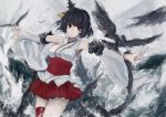  1girl bare_shoulders bird black_hair blood blood_on_face detached_sleeves hair_ornament kantai_collection nontraditional_miko outstretched_arms pleated_skirt red_eyes skirt solo vicious_kage yamashiro_(kantai_collection) 