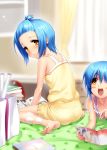  2girls :d alternate_hairstyle bag bandages blue_eyes blue_hair blush blush_stickers book forehead little_busters!! multiple_girls nishizono_midori nishizono_mio open_book open_mouth out_of_frame parted_lips shopping_bag short_hair smile topknot zen 