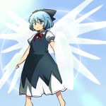  1girl blue_dress blue_eyes blue_hair bow cirno club dress hair_bow ice ice_wings puffy_short_sleeves puffy_sleeves shield shirt short_sleeves solo touhou weapon wings yudepii 