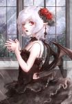  1girl alternate_costume bare_arms bare_shoulders bat_wings black_dress choker dress fang flower frilled_dress frills gothic_lolita hair_flower hair_ornament hands_together highres hoshibuchi lolita_fashion looking_at_viewer one_eye_closed open_mouth pointy_ears red_eyes remilia_scarlet ribbon_choker silver_hair sleeveless sleeveless_dress small_breasts solo touhou white_hair window wings 