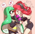  2girls :p artist_name bike_shorts blush domino_mask eromame fangs fingerless_gloves flying_sweatdrops gloves goggles goggles_on_head green_eyes green_hair hand_on_hip heart inkling long_hair midriff multiple_girls navel open_mouth red_eyes redhead short_hair size_difference smile splatoon super_soaker takozonesu tank_top tentacle_hair tongue tongue_out yuri 