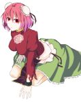  1girl arm_support bandages breasts flower ibaraki_kasen kneeling large_breasts loco_65_o1o1 looking_at_viewer pink_hair red_eyes short_hair skirt solo tabard touhou 