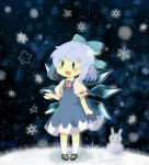  1girl blue_eyes blue_hair bow cirno dress hair_bow ice ice_wings komowata_(m375375) open_mouth short_hair smile snow snow_bunny snowflakes solo touhou wings 