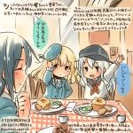  3girls :d ^_^ anchor_symbol arms_up atago_(kantai_collection) beret blonde_hair blue_eyes closed_eyes flat_cap food hat hibiki_(kantai_collection) kantai_collection kirisawa_juuzou long_hair long_sleeves multiple_girls neckerchief open_mouth school_uniform serafuku short_hair silver_hair smile takao_(kantai_collection) translation_request twitter_username younger 