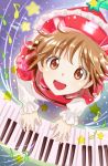  1girl bogyaku_no_m brown_eyes brown_hair from_above hat highres instrument keyboard_(instrument) long_sleeves looking_at_viewer looking_up lyrica_prismriver musical_note open_mouth playing_instrument shirt short_hair smile solo star touhou vest 