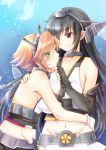  2girls bare_shoulders black_gloves black_hair blue_background blush breasts brown_hair butterfly chize cleavage collarbone elbow_gloves fingerless_gloves gloves gradient gradient_background green_eyes hairband headband headgear hug kantai_collection large_breasts light_smile long_hair looking_at_another midriff miniskirt multiple_girls mutsu_(kantai_collection) nagato_(kantai_collection) navel pleated_skirt red_eyes short_hair skirt sleeveless upper_body white_gloves yuri 