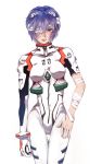  ayanami_rei baiyishaonian_huam bandages blue_hair hair_ornament hairclip hand_on_hip highres impossible_bodysuit impossible_clothes neon_genesis_evangelion one_eye_covered plugsuit red_eyes short_hair torn_clothes 