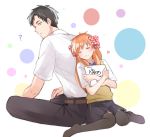  1boy 1girl ? back-to-back black_hair black_legwear bow brown_eyes closed_eyes gekkan_shoujo_nozaki-kun hair_bow heart looking_back nozaki_umetarou orange_hair polka_dot polka_dot_bow sakura_chiyo school_uniform sitting smile thigh-highs vest warable wariza 