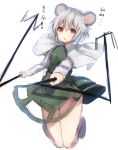  1girl animal_ears blush capelet colored dowsing_rod dress grey_hair jumping long_sleeves looking_at_viewer mouse_ears mouse_tail nazrin open_mouth outstretched_arm red_eyes short_hair simple_background sketch solo tail text touhou translation_request white_background wowoguni 