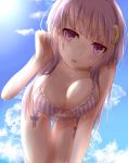 1girl bent_over bikini blue_sky breast_squeeze breasts cleavage clouds collarbone crescent_hair_ornament hair_ornament hair_ribbon hand_in_hair large_breasts long_hair looking_at_viewer open_mouth patchouli_knowledge purple_bikini purple_hair ram_hachimin ribbon sky solo striped striped_bikini striped_swimsuit sun swimsuit touhou tress_ribbon very_long_hair violet_eyes wet 