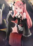  1girl black_boots black_legwear blush boots detached_sleeves highres krul_tepes long_hair looking_at_viewer owari_no_seraph pink_eyes pink_hair pointy_ears sitting skirt solo takapii thigh-highs thigh_boots 