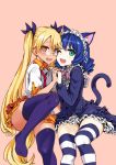  2girls :d ;d animal_ears asanagi blonde_hair blue_hair blush cat_ears cat_tail cyan_(show_by_rock!!) dog_tail dress drill_hair fang glasses green_eyes hands_clasped headdress heart heart-shaped_pupils highres long_hair looking_at_viewer miniskirt multiple_girls necktie one_eye_closed open_mouth orange_eyes pink_background pleated_skirt purple_legwear retoree show_by_rock!! simple_background sitting skirt smile striped striped_legwear symbol-shaped_pupils tail thigh-highs twintails 