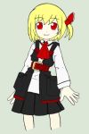  1girl ascot belt blonde_hair cosplay fang hair_ribbon ollytrinity1397 one_side_up parody recette_lemongrass recette_lemongrass_(cosplay) recettear red_eyes rumia short_hair simple_background skirt smile solo touhou 