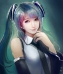  1girl aqua_hair blue_eyes detached_sleeves hatsune_miku kaze_no_gyouja long_hair looking_at_viewer necktie realistic smile solo twintails vocaloid 