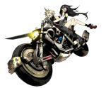  1boy 1girl bare_shoulders black_hair blonde_hair blue_eyes cloud_strife final_fantasy final_fantasy_vii foreshortening from_below midriff miwa_shirou motor_vehicle motorcycle sidesaddle sword tank_top tifa_lockhart vehicle weapon 