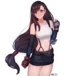  1girl artist_name brown_eyes brown_hair clenched_hands earrings final_fantasy final_fantasy_vii gloves jewelry long_hair low-tied_long_hair meto31 midriff navel pads simple_background skirt smile solo suspenders tifa_lockhart white_background 