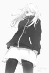  1girl dated greyscale hands_in_pockets highres hoodie monochrome original pantyhose signature simple_background skirt solo tagme teyuruun zipper 