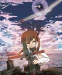  1girl a6m_zero aiming_at_viewer bow_(weapon) clouds crossbow glaring highres kantai_collection magicians_(zhkahogigzkh) ocean red_sun solo taihou_(kantai_collection) turret weapon 