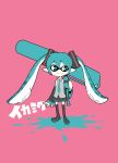  1girl blue_eyes blue_hair boots boushi-ya crossover detached_sleeves domino_mask hatsune_miku hatsune_miku_(cosplay) highres inkling long_hair necktie paint_roller pointy_ears skirt solo splatoon tentacle_hair twintails 