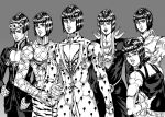  araki_hirohiko_(style) bob_cut braid bruno_bucciarati collective-mind giorno_giovanna gradient gradient_background grey_background guido_mista hair_ornament hairclip hand_on_hip jojo_no_kimyou_na_bouken leone_abbachio lipstick makeup monochrome narancia_ghirga necktie pannacotta_fugo tiger_print wig 