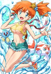  1girl blue_eyes breasts goldeen hair_ornament horsea kasumi_(pokemon) orange_hair pokemoa pokemon pokemon_(anime) pokemon_(creature) short_hair shorts side_ponytail smile solo staryu suspender_shorts suspenders tank_top under_boob unzipped water 