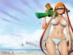  1girl bad_deviantart_id bad_id bikini blooper breasts brown_eyes clouds eyebrows inkling light_smile long_hair navel older orange_hair pointy_ears projectvirtue side-tie_bikini smile solo splatoon_(series) splatoon_1 super_mario_bros. swimsuit tentacles thighs twintails very_long_hair water_gun 