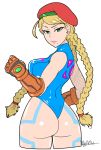  akairiot ass beret blue_eyes braid cammy_white cammy_white_(cosplay) fingerless_gloves gloves hat leotard lips long_hair looking_back metroid mole samus_aran shiny shiny_hair signature street_fighter tattoo twin_braids 