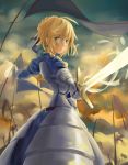  1girl ahoge armor armored_dress battlefield blonde_hair clouds cloudy_sky derivative_work fate/stay_night fate_(series) flag green_eyes gsong-chan highres metal_gloves saber sky solo sword weapon 