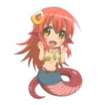  1girl :d breasts chibi cleavage fang full_body hair_ornament hairclip lamia long_hair lowres miia_(monster_musume) monster_girl monster_musume_no_iru_nichijou official_art open_mouth scales shirt simple_background skirt slit_pupils smile solo tied_shirt transparent_background very_long_hair yellow_eyes 
