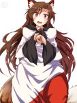  1girl animal_ears breasts brown_hair diohazard fang fingernails highres imaizumi_kagerou long_fingernails long_hair red_eyes simple_background solo tail tears touhou very_long_hair white_background wolf_ears wolf_tail 