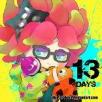  1girl anemo_(splatoon) animal animal_print black-framed_glasses blue_eyes clownfish eyeshadow fish glasses hair_ornament headphones headphones_around_neck hoodie kumano_(splatoon) makeup orange_legwear pantyhose pink_hair short_hair sitting solo splatoon squid star_hair_ornament tentacle_hair viku-asakura watermark web_address 