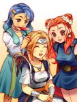  3girls :d alternate_hairstyle barbara blonde_hair blue_eyes blue_hair blush bracelet braiding_hair breasts circlet closed_eyes comb double_bun dragon_quest dragon_quest_vi dress hair_ornament hair_up hairclip hairdressing haruhito_(pixiv56745) jewelry mireyu mouth_hold multiple_girls necklace open_mouth red_eyes redhead short_dress smile tania 