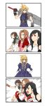  1boy 3girls 4koma aerith_gainsborough artist_request black_hair blonde_hair breasts brown_hair cloud_strife comic crossdressinging dress final_fantasy final_fantasy_vii gaijin_4koma gloves green_eyes headband highres long_hair multiple_girls parody pink_dress short_hair sword tifa_lockhart weapon yuffie_kisaragi 