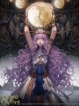  1girl armlet arms_up cglange closed_eyes copyright_name flower hairpiece highres legend_of_the_cryptids long_hair moon purple_hair very_long_hair watermark 