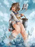  1girl binoculars blush brown_hair clouds cloudy_sky covering covering_crotch from_below gsong-chan highres kantai_collection orange_eyes sailor_collar scarf see-through shirt_tug short_hair sky solo water wet yellow_scarf yukikaze_(kantai_collection) 