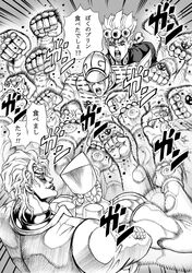  araki_hirohiko_(style) braid collective-mind crossed_arms dio_brando father_and_son giorno_giovanna gold_experience greyscale headband jojo_no_kimyou_na_bouken monochrome punching stand_(jojo) the_world translation_request 