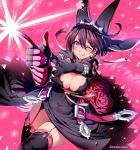  1girl ;q alternate_color black_hair black_legwear blush breasts cleavage cleavage_cutout clover dress earrings elphelt_valentine finger_gun flower four-leaf_clover garter_straps gloves guilty_gear guilty_gear_xrd hat heart ikezaki_misa jewelry large_breasts one_eye_closed petals player_2 red_eyes rose short_hair solo thigh-highs tongue tongue_out 