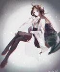  bag black_eyes boots brown_hair cup dated hairband hanazono_nonoka highres kantai_collection kongou_(kantai_collection) long_hair nontraditional_miko signature skirt teacup thigh-highs thigh_boots vignetting winged_hat zettai_ryouiki 