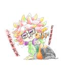  1girl anemo_(splatoon) animal blush closed_eyes clownfish eyeshadow fish glasses headphones headphones_around_neck hoodie kumano_(kantai_collection) makeup nakano_deichi open_mouth orange_legwear pantyhose pink_hair short_hair simple_background skull solo splatoon tears tentacle_hair white_background 