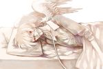  angel_wings blanket clona commentary_request feathered_wings looking_at_viewer lying muted_color nisoku_hokou_(vocaloid) on_bed on_side oxygen_mask pale_color pillow red_eyes shirt simple_background sleeves_pushed_up spot_color white_background white_wings wings 