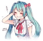  1girl ahoge blue_hair blush bow closed_eyes dated hair_bow hatsune_miku long_hair pink_bow red_ribbon ribbon short_sleeves solo tama_(songe) translated twintails twitter_username vocaloid white_background 