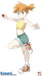  1girl blue_eyes crop_top denim denim_shorts full_body holding holding_poke_ball kasumi_(pokemon) leg_up navel orange_hair poke_ball pokemon pokemon_(game) pokemon_rgby shoes short_hair shorts simple_background sneakers solo souji white_background 