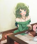  1girl bare_shoulders blue_eyes blush green_eyes green_hair heterochromia idolmaster idolmaster_cinderella_girls jewelry kawaty looking_at_viewer mole mole_under_eye no_legwear pendant short_hair sitting smile solo takagaki_kaede wariza 