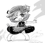  1girl aki_minoriko barefoot chibi dress food fruit grapes hat monochrome one_eye_closed open_mouth outstretched_arms short_hair smile solo touhou yt_(wai-tei) 