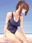  1girl bare_shoulders breasts brown_eyes brown_hair cleavage highleg i-401_(kantai_collection) ishii_hisao kantai_collection large_breasts long_hair looking_at_viewer older one-piece_swimsuit ponytail short_ponytail sitting solo swimsuit 