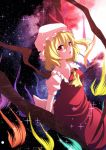  1girl aono_meri ascot blonde_hair error flandre_scarlet hat hat_ribbon highres looking_at_viewer mob_cap open_mouth puffy_sleeves red_eyes ribbon shirt short_hair short_sleeves side_ponytail skirt skirt_set sky solo sparkle star_(sky) starry_sky touhou vest wings 