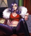  1girl blue_eyes breasts cleavage crop_top dantewontdie glasses jacket large_breasts long_sleeves looking_at_viewer midriff my_little_pony navel open_clothes open_jacket pants parted_lips purple_hair rarity red-framed_glasses sitting solo tattoo 